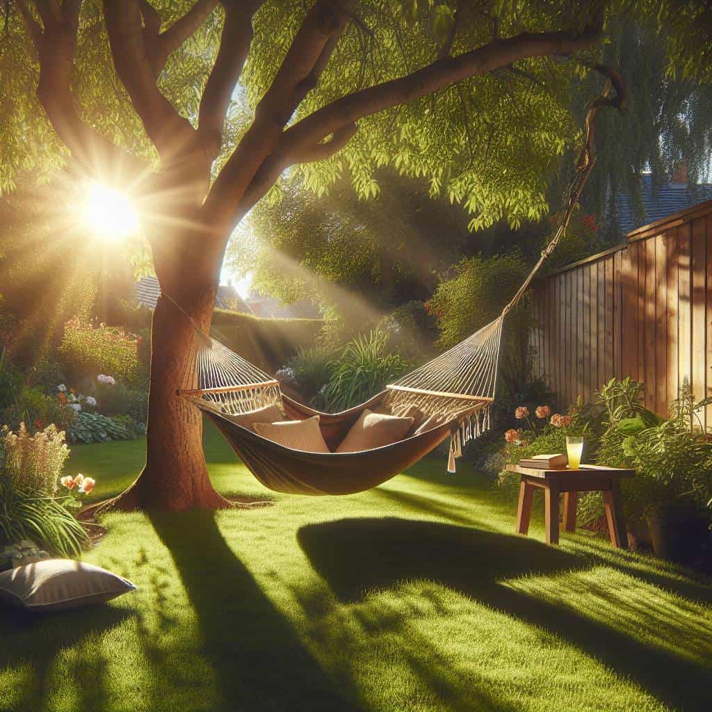 Sunlit backyard hammock setups with lemonade.