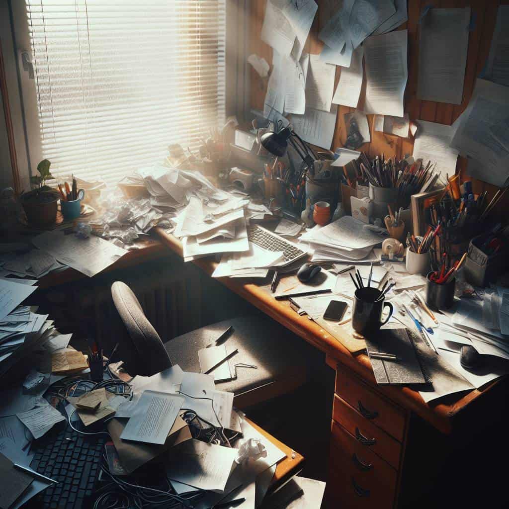 Transform Your Chaos: Master Organizing Your Workspace Today 2 Cluttered desk for organizing your workspace.